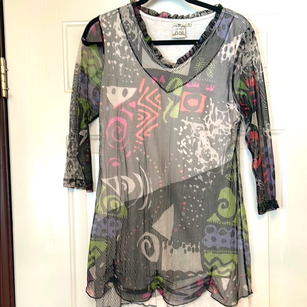 Parsley & Sage Abstract Women's Tunic Top S Black Colorful Lagenlook Artsy Sheer